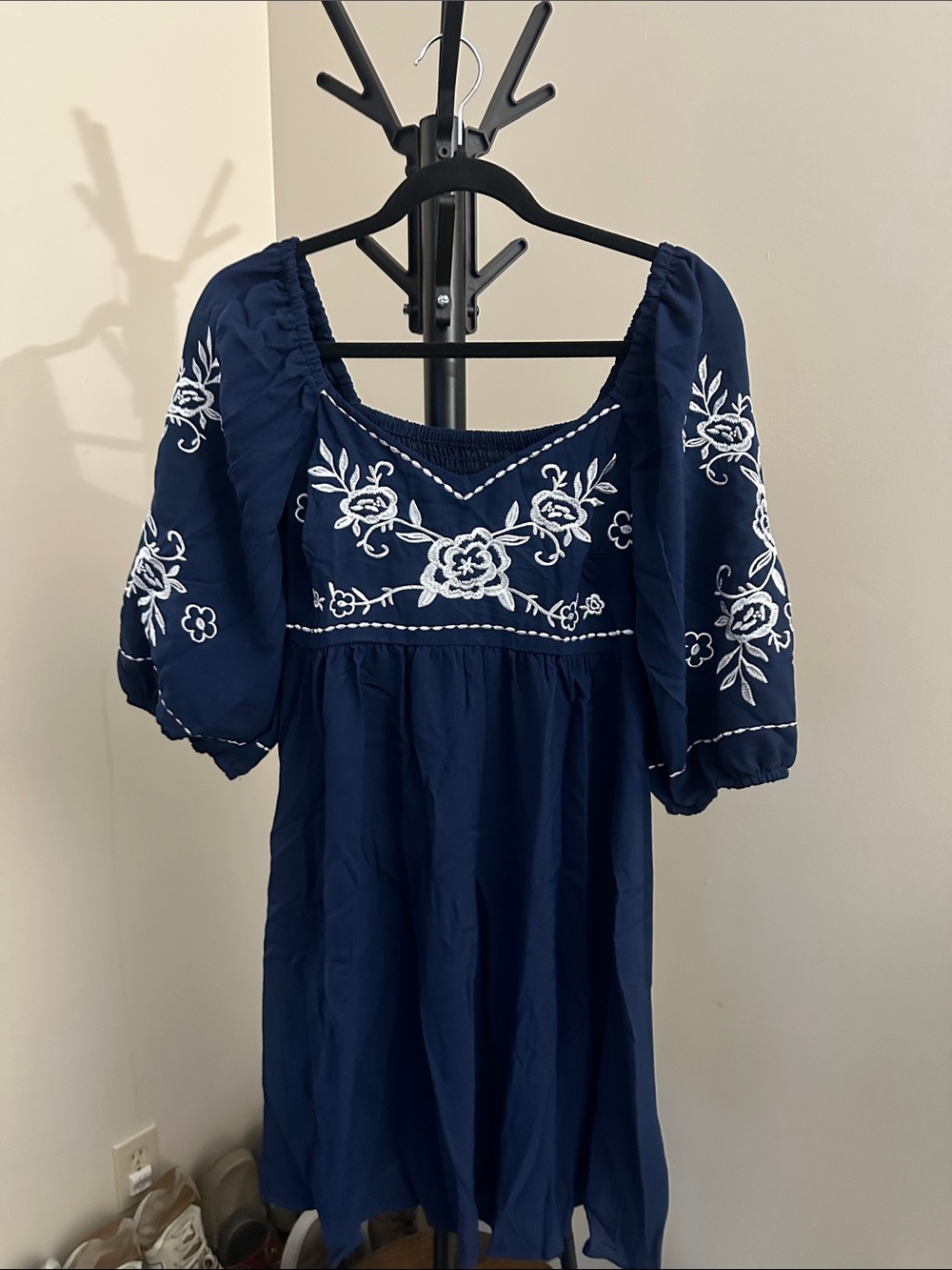 SHEIN Navy Midi Dress with White Floral Embroidery